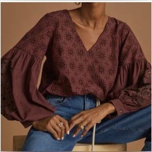 Anthropologie eyelet bishop brown blouse L